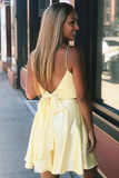 Two Pieces A Line V Neck Backless Yellow Short Prom Dresses Homecoming Dresses with Slit HZ0509