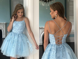 A Line Light Blue Tulle Homecoming Dress With Lace Appliques, Short Prom Dress HZ0509