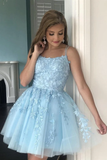 A Line Light Blue Tulle Homecoming Dress With Lace Appliques, Short Prom Dress HZ0509