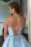 A Line Light Blue Tulle Homecoming Dress With Lace Appliques, Short Prom Dress HZ0509