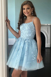 A Line Light Blue Tulle Homecoming Dress With Lace Appliques, Short Prom Dress HZ0509