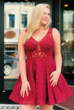 Cute V Neck Red Lace Short Prom Dress Homecoming Dress, Lace Red Formal Graduation Evening Dress HZ0509