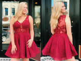 Cute V Neck Red Lace Short Prom Dress Homecoming Dress, Lace Red Formal Graduation Evening Dress HZ0509