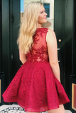 Cute V Neck Red Lace Short Prom Dress Homecoming Dress, Lace Red Formal Graduation Evening Dress HZ0509
