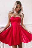Simple Red Satin Sweetheart Strapless Homecoming Dresses Above Knee Short Prom Dresses HZ0509