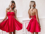 Simple Red Satin Sweetheart Strapless Homecoming Dresses Above Knee Short Prom Dresses HZ0509