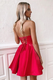 Simple Red Satin Sweetheart Strapless Homecoming Dresses Above Knee Short Prom Dresses HZ0509