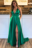 V Neck A Line Prom Dresses Sweep Train Slit Ruffles Party Dresses HZ0509