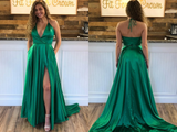 V Neck A Line Prom Dresses Sweep Train Slit Ruffles Party Dresses HZ0509