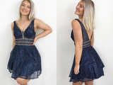 Sparkling A Line V Neck Sequins Navy Blue Homecoming Dress With Beads HZ0509