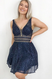 Sparkling A Line V Neck Sequins Navy Blue Homecoming Dress With Beads HZ0509