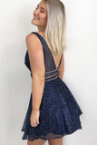 Sparkling A Line V Neck Sequins Navy Blue Homecoming Dress With Beads HZ0509