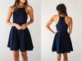 A Line Dark Navy Cute Halter High Neck Satin Short Homecoming Dress HZ0509
