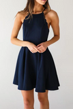 A Line Dark Navy Cute Halter High Neck Satin Short Homecoming Dress HZ0509