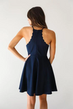 A Line Dark Navy Cute Halter High Neck Satin Short Homecoming Dress HZ0509