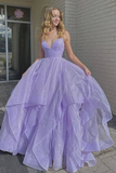 Shiny V Neck Fluffy Lavender Long Prom Dress, Spaghetti Straps Long Formal Evening Dress HZ0509