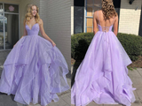 Shiny V Neck Fluffy Lavender Long Prom Dress, Spaghetti Straps Long Formal Evening Dress HZ0509