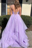 Shiny V Neck Fluffy Lavender Long Prom Dress, Spaghetti Straps Long Formal Evening Dress HZ0509