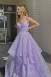 Shiny V Neck Fluffy Lavender Long Prom Dress, Spaghetti Straps Long Formal Evening Dress HZ0509