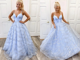 Shiny Sequins Spaghetti Straps V Neck Light Blue A Line Long Prom Dress HZ0509