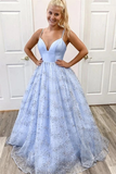 Shiny Sequins Spaghetti Straps V Neck Light Blue A Line Long Prom Dress HZ0509