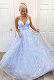 Shiny Sequins Spaghetti Straps V Neck Light Blue A Line Long Prom Dress HZ0509