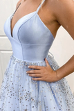 Shiny Sequins Spaghetti Straps V Neck Light Blue A Line Long Prom Dress HZ0509