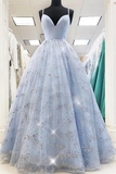 Shiny Sequins Spaghetti Straps V Neck Light Blue A Line Long Prom Dress HZ0509