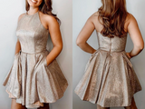 New Sparkly Halter Short Homecoming Dresses, Short Prom Dresses HZ0509