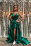 Simple Spaghetti Straps Front Split Zipper Back Long Prom Dresses HZ0509