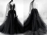 Elegant Backless Black Tulle Wedding Dresses With Appliques Modest Prom Dress HZ0509