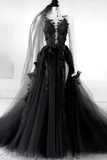 Elegant Backless Black Tulle Wedding Dresses With Appliques Modest Prom Dress HZ0509