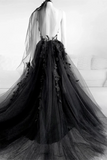 Elegant Backless Black Tulle Wedding Dresses With Appliques Modest Prom Dress HZ0509