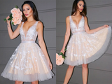 A Line Princess V Neck Tulle Sleeveless Short Homecoming Dresses HZ0509