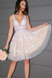 A Line Princess V Neck Tulle Sleeveless Short Homecoming Dresses HZ0509