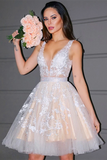A Line Princess V Neck Tulle Sleeveless Short Homecoming Dresses HZ0509