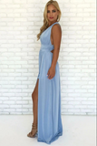 Sky Blue Chiffon A Line V Neck Criss Cross Straps Prom Dress With Side Slit HZ0509