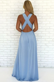 Sky Blue Chiffon A Line V Neck Criss Cross Straps Prom Dress With Side Slit HZ0509