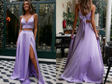Fashion Satin Straps A Line Prom Dresses Two Pieces Gowns With Slit HZ0509