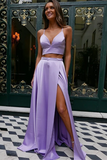 Fashion Satin Straps A Line Prom Dresses Two Pieces Gowns With Slit HZ0509