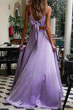 Fashion Satin Straps A Line Prom Dresses Two Pieces Gowns With Slit HZ0509