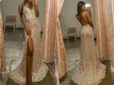 Trumpet Mermaid Deep V Long Prom Dresses Sparkly Split Evening Dresses HZ0509