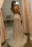 Trumpet Mermaid Deep V Long Prom Dresses Sparkly Split Evening Dresses HZ0509