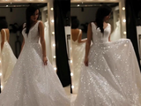 Sparkly V Neck Backless Wedding Gown, Sequins Prom Dress On Sale HZ0509