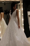 Sparkly V Neck Backless Wedding Gown, Sequins Prom Dress On Sale HZ0509