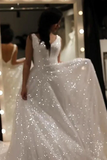 Sparkly V Neck Backless Wedding Gown, Sequins Prom Dress On Sale HZ0509
