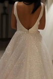Sparkly V Neck Backless Wedding Gown, Sequins Prom Dress On Sale HZ0509