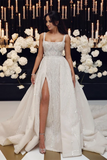 Gorgeous Beaded Lace Spaghetti Straps A line Chapel Train Wedding Dresses HZ0509
