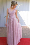 A Line V Neck Open Back Pink Lace Long Prom Evening Dress HZ0509