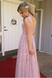 A Line V Neck Open Back Pink Lace Long Prom Evening Dress HZ0509
